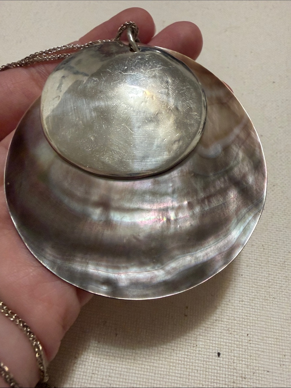 Sterling silver 925 Iridescent Mother-of-Pearl Double Disc Pendant Necklace - Picture 2 of 10